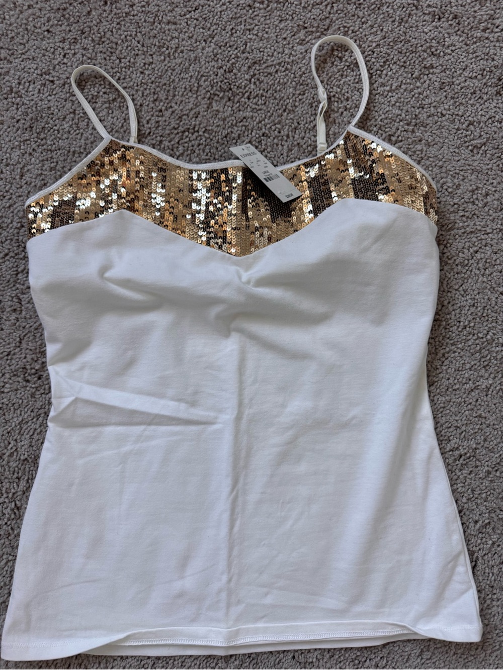 Express White Cami with Gold Sequin Yoke
